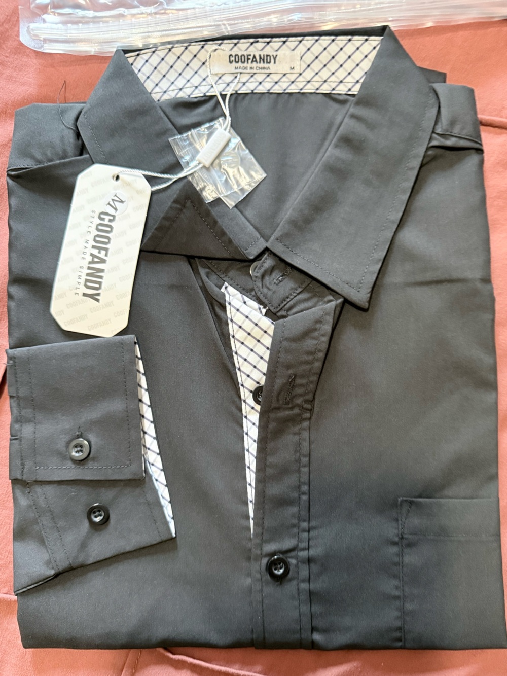 Coofandy NWT Men's Size M Black Dress Shirt with Contrast Check Trim